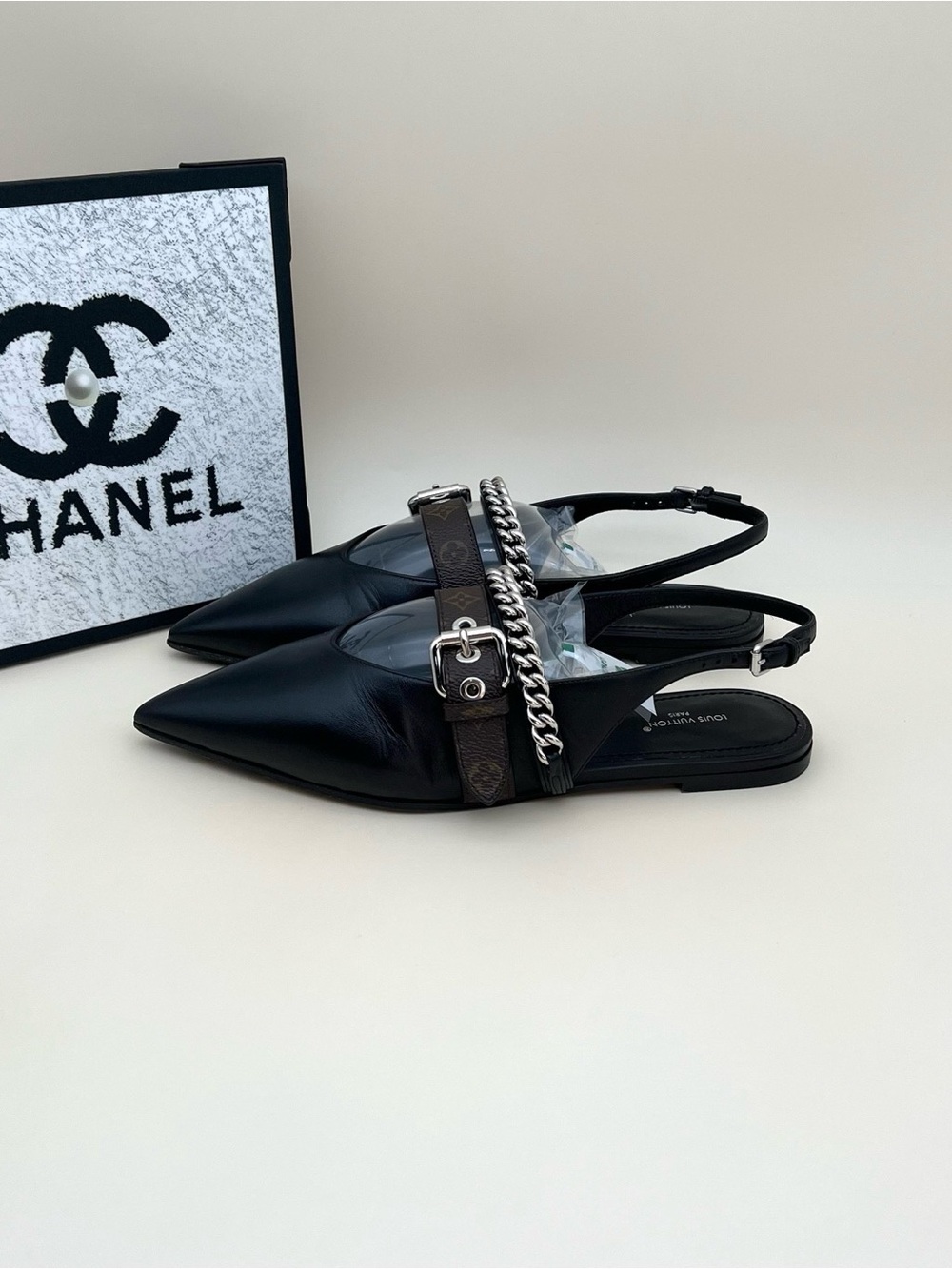 Louis Vuitton Black Pointed Leather Slingback Flats with Chain & Buckle Strap